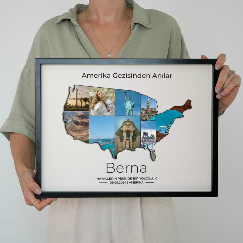Amerika Tatilimiz Temalı Kişiye Özel Siyah Fotoğraf Çerçevesi - 30x40