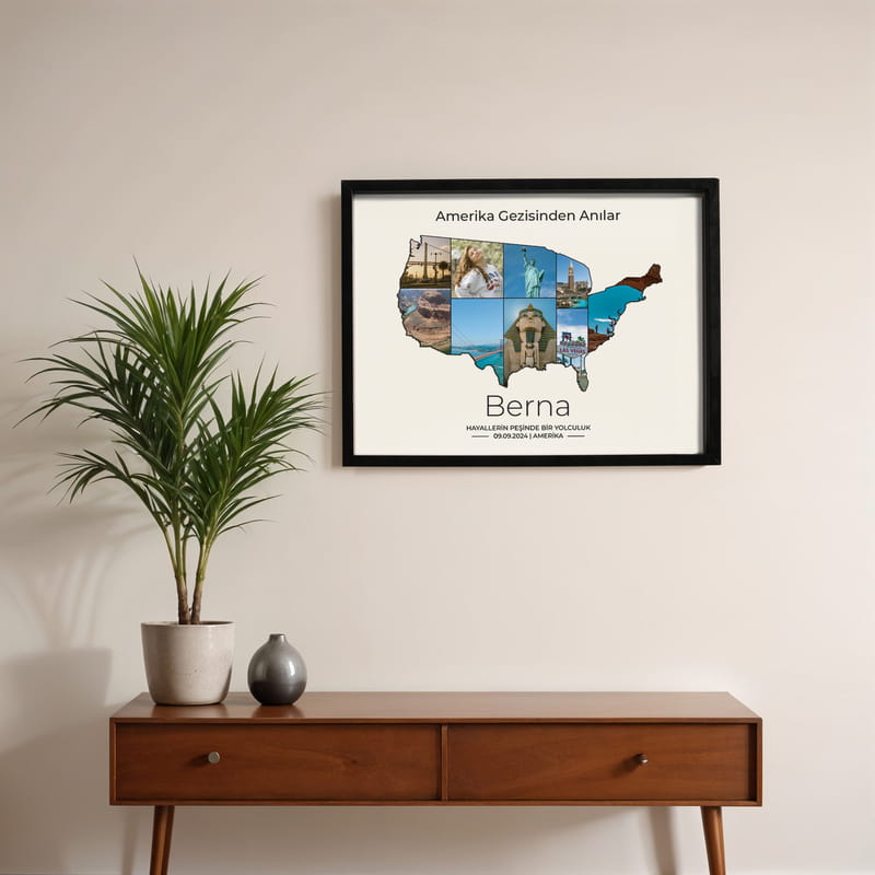 Amerika Tatilimiz Temalı Kişiye Özel Siyah Fotoğraf Çerçevesi - 30x40