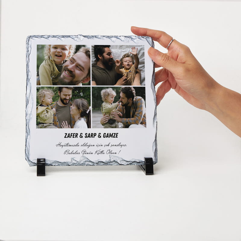 Babam ile Anılarımız Fotoğraf Kolajlı Dekoratif Kare Taş Tablo - 19x19 cm
