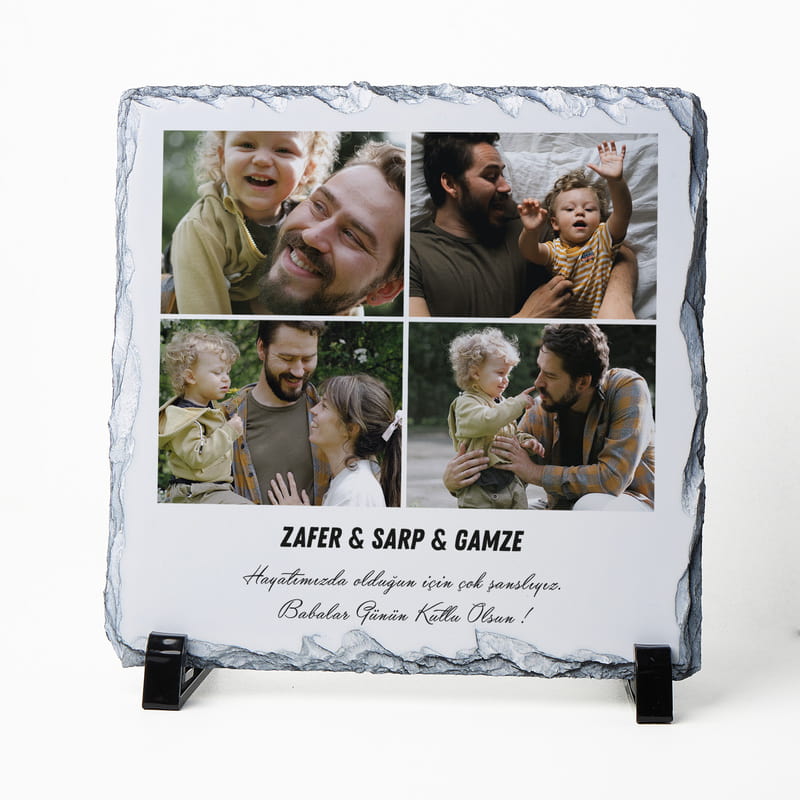 Babam ile Anılarımız Fotoğraf Kolajlı Dekoratif Kare Taş Tablo - 19x19 cm