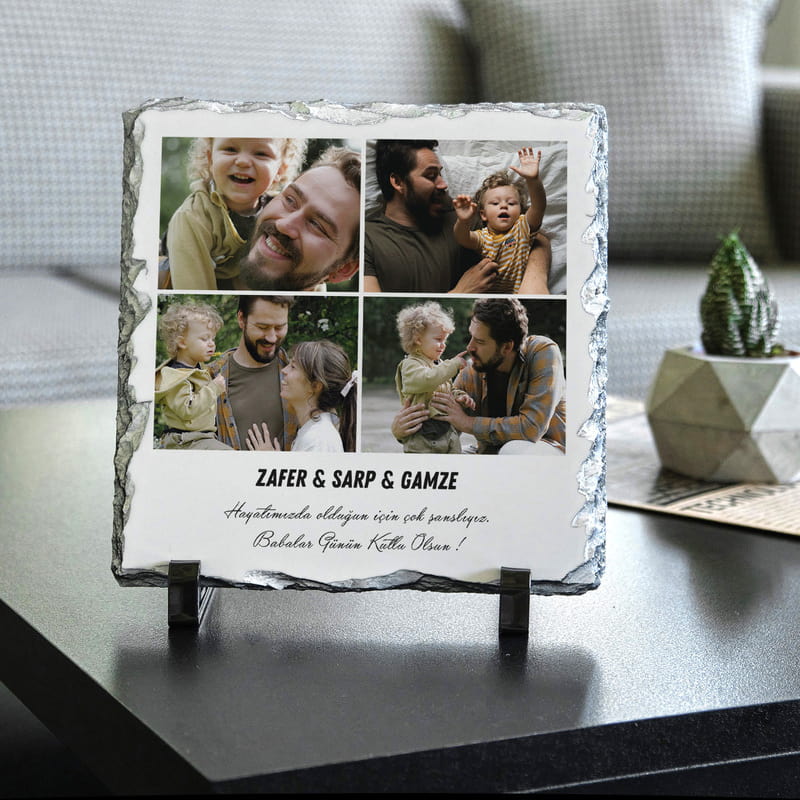 Babam ile Anılarımız Fotoğraf Kolajlı Dekoratif Kare Taş Tablo - 19x19 cm