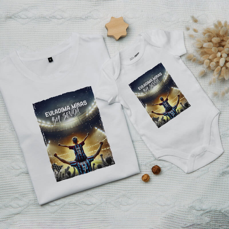 Bordo Mavi Renklerde Kişiye Özel Baba Bebek Taraftar Kombini