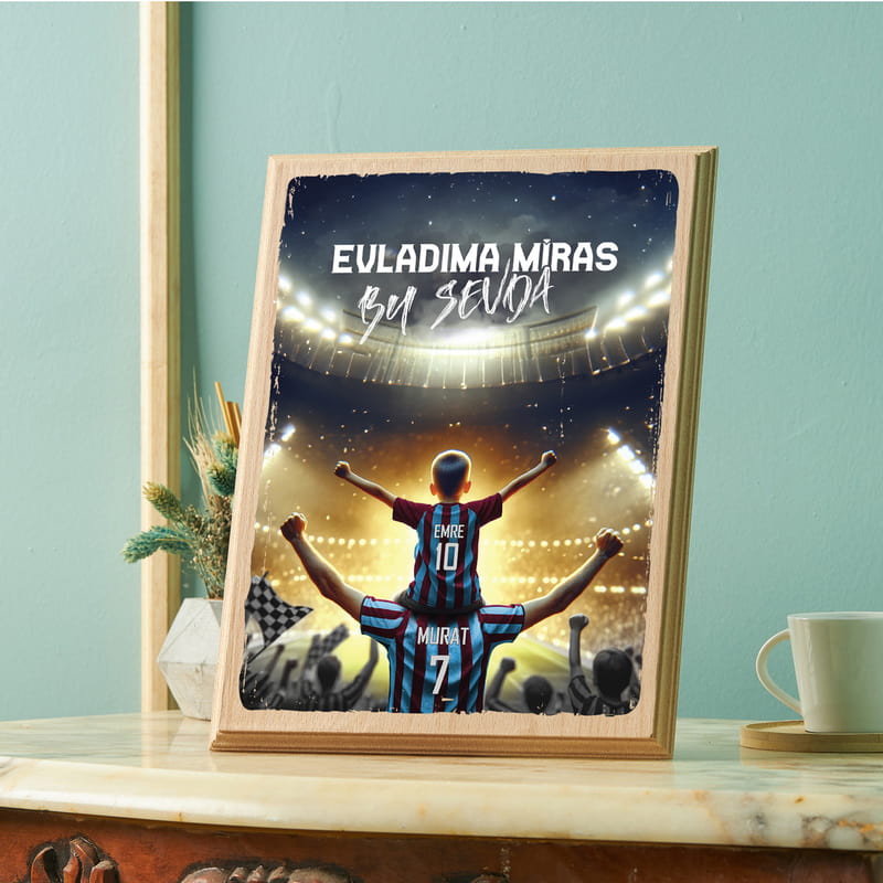 Bordo Mavi Taraftarlara Özel Baba Evlat Tasarımlı İsimli Ahşap Tablo