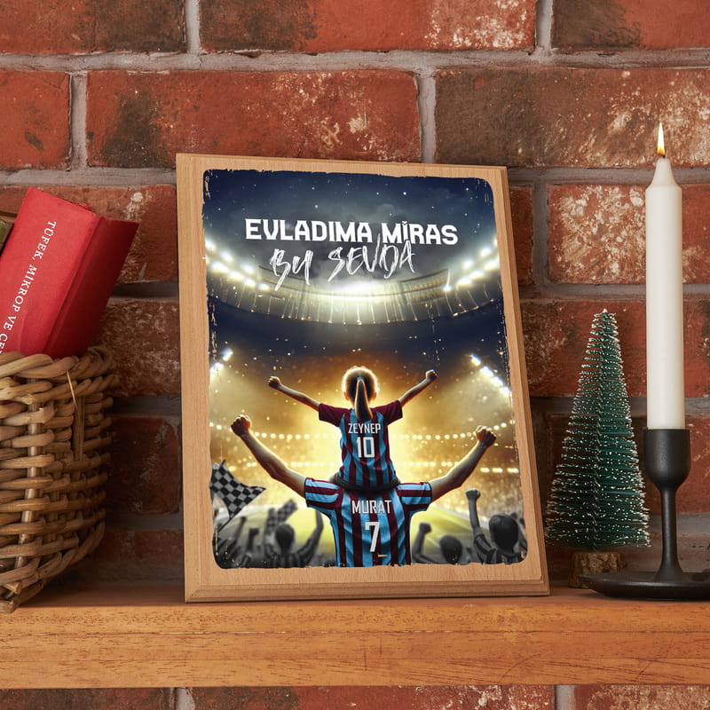 Bordo Mavi Taraftarlara Özel Baba Evlat Tasarımlı İsimli Ahşap Tablo