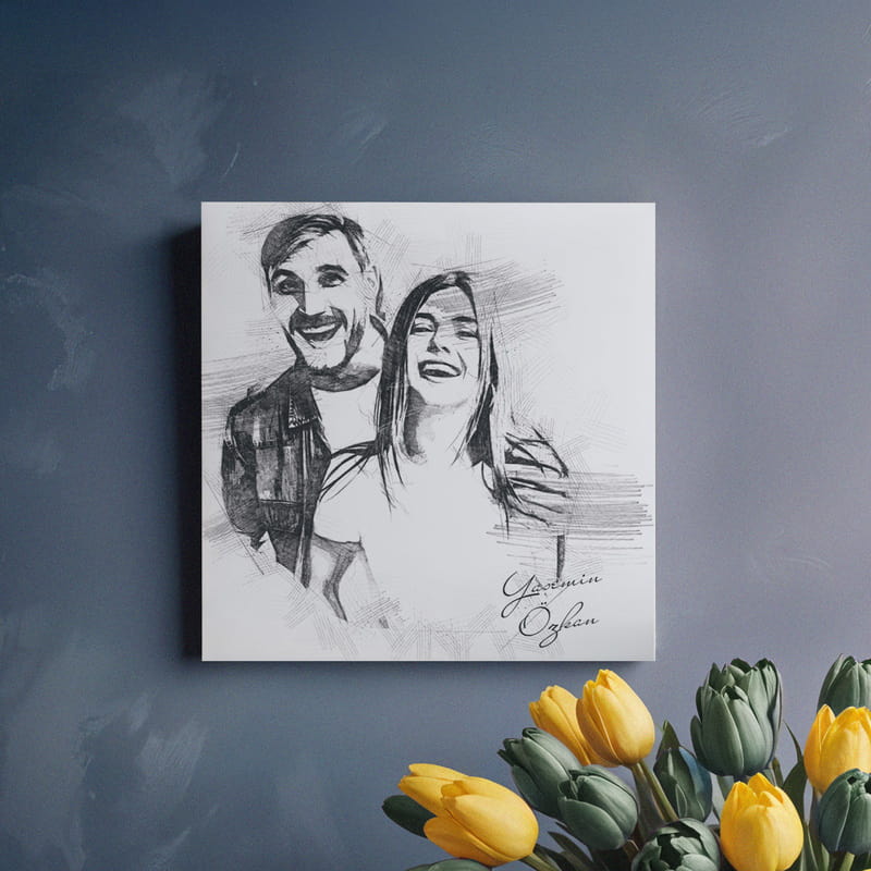 Çiftlere Özel Kurşun Kalem Eskiz Efektli 25x25 Kanvas Tablo