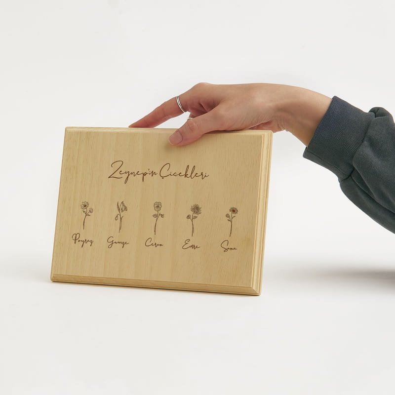 Çocuk ve Torun İsimlerinden oluşan Doğum Çiçeği Tasarımlı Natural Ahşap