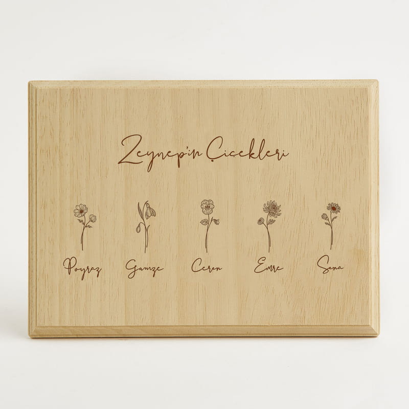Çocuk ve Torun İsimlerinden oluşan Doğum Çiçeği Tasarımlı Natural Ahşap