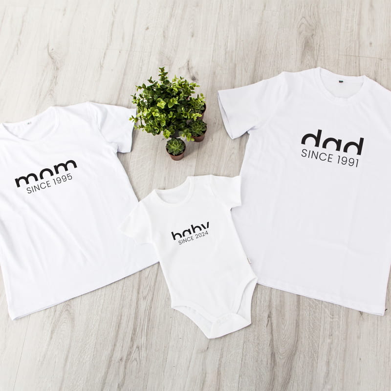 Doğum Tarihi Yazılı Anne Baba Tişört Bebek Body 3'lü Aile Kombini