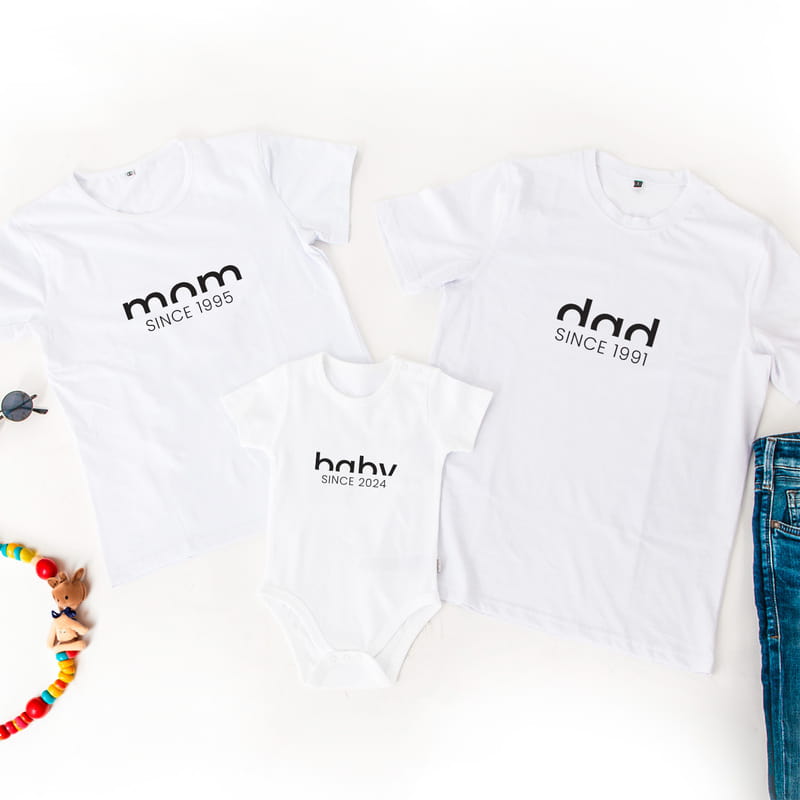 Doğum Tarihi Yazılı Anne Baba Tişört Bebek Body 3'lü Aile Kombini