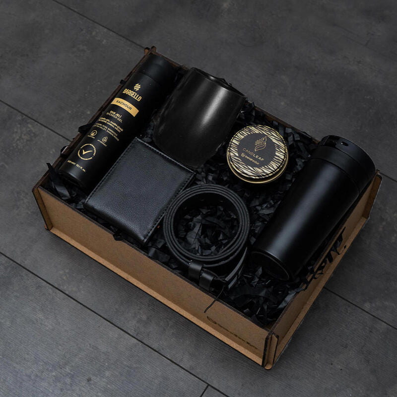 Estetik Siyah Termos, Kupa, Duş Jeli, Kemer, Cüzdan Mum Hediye Seti