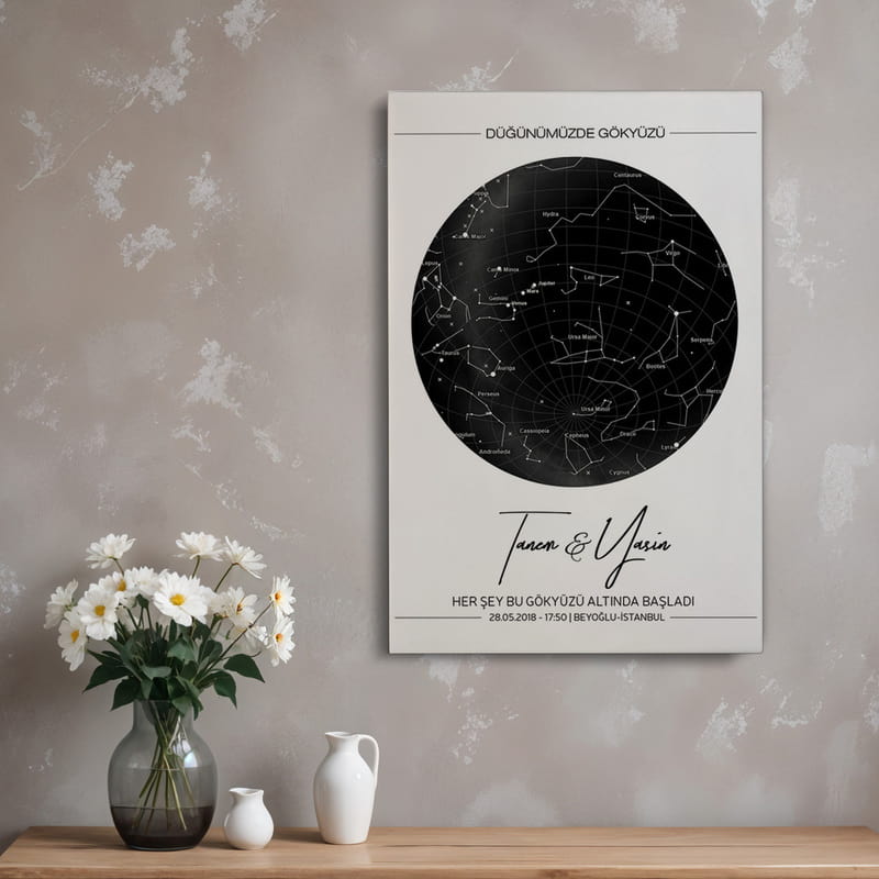 Evlilik Yıldönümüne Yıldız Haritası Tasarımlı Kanvas Tablo 40x60