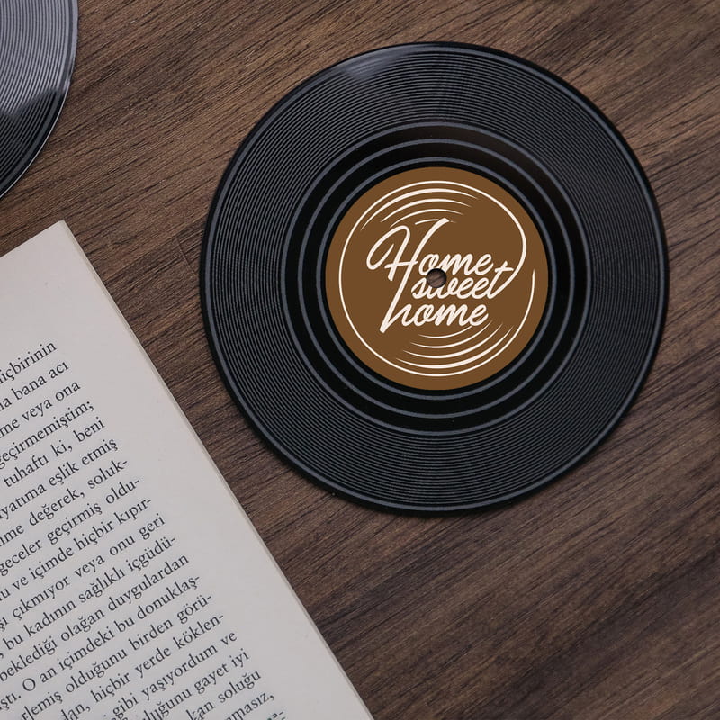 Home Sweet Home Retro Plak Tasarımlı Bardak Altlığı - 6'lı Set