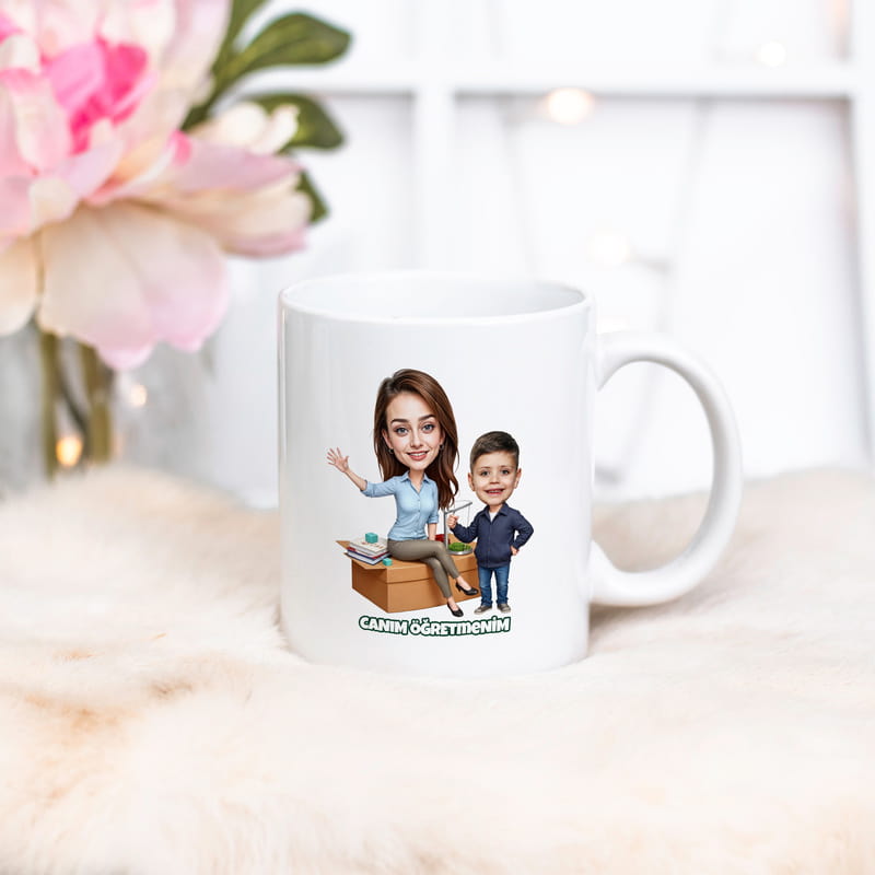 Kadın Öğretmen ve Öğrenci Karikatür Fotoğraflı Kupa Bardak