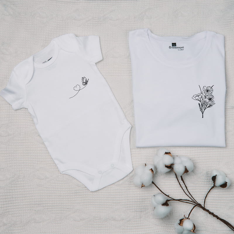 Kelebek Çiçek Detaylı Anne Bebek Kombini