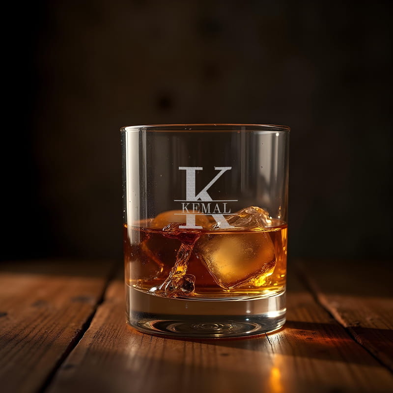 Kişiye Özel İsimli Monogram Viski Bardağı Seti - Ahşap Kutulu