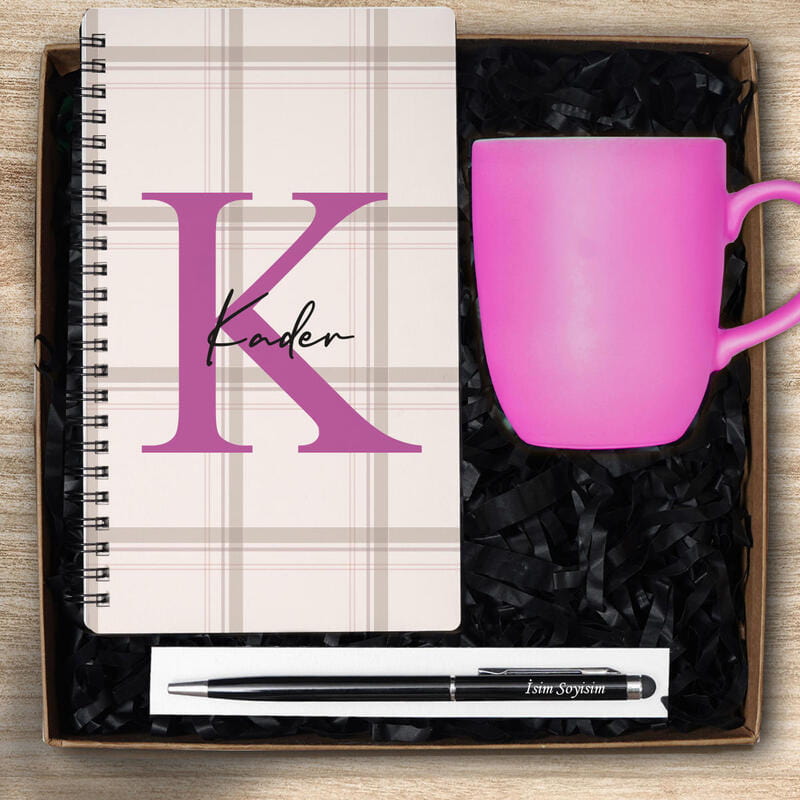 Kişiye Özel Pembe Seri Ahşap Defter Tükenmez Kalem Kupa Bardak Hediye Seti