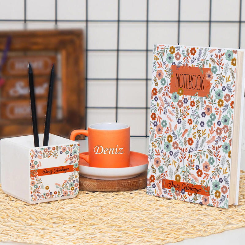 Öğretmenler Günü Kişiye Özel Kahve Fincanı Beton Kalemlik Kurşun Kalem Defter Hediye Seti