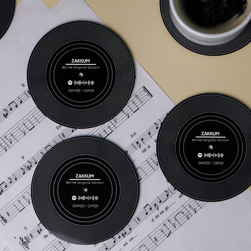 Spotify QR Özelleştirmeli Retro Plak Bardak Altlığı - 6'lı Set