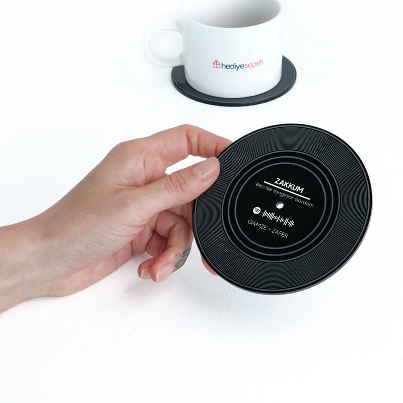 Spotify QR Özelleştirmeli Retro Plak Bardak Altlığı - 6'lı Set