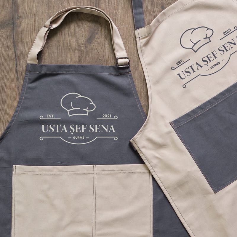 Usta Şef Tasarımlı Çift Renkli İsme Özel Mutfak Önlüğü