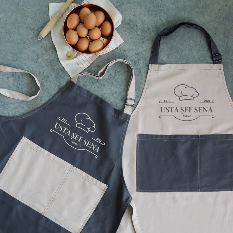Usta Şef Tasarımlı Çift Renkli İsme Özel Mutfak Önlüğü