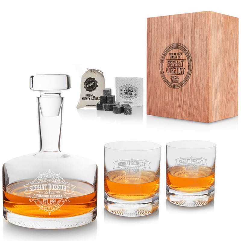 Vintage Tarz İsim ve Mesaj Yazılı Ahşap Kutulu Tokyo Viski Seti