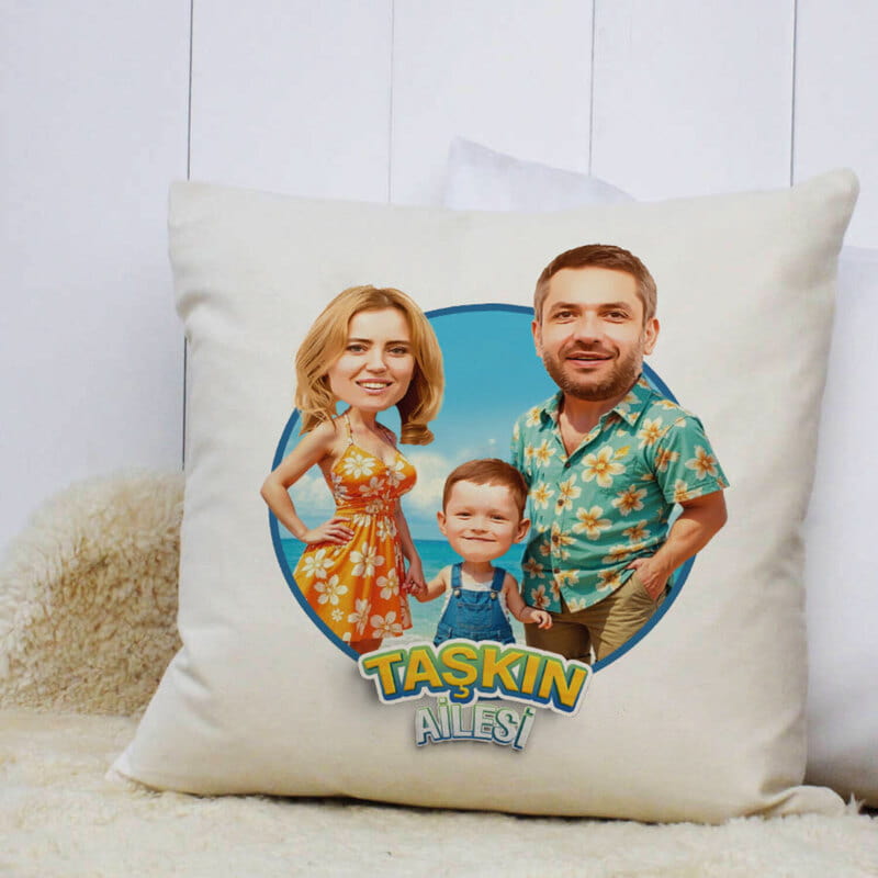 Aile Karikatür Fotoğraflı Yastık