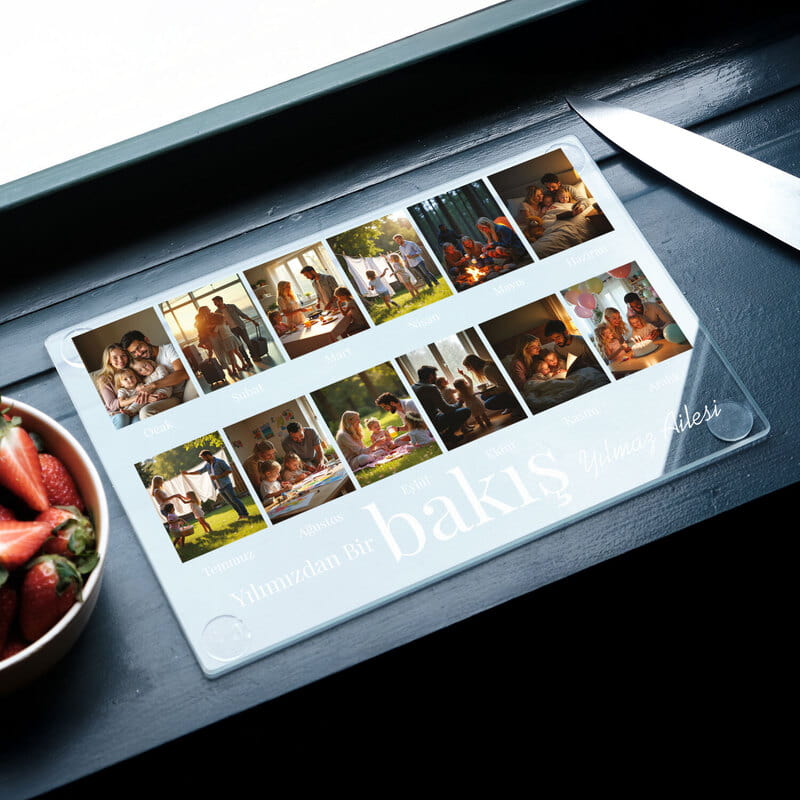 Ailemizin Yılı Fotoğraflı Cam Kesme Tahtası