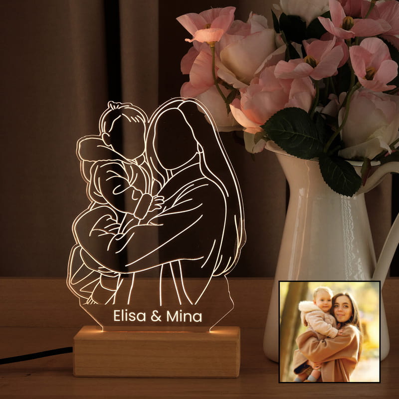 Anne Bebek Kişiye Özel Line Art Silüet Led Lamba