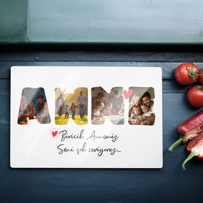 ANNE Fotoğraf ve Mesajlı Cam Kesim Tablası