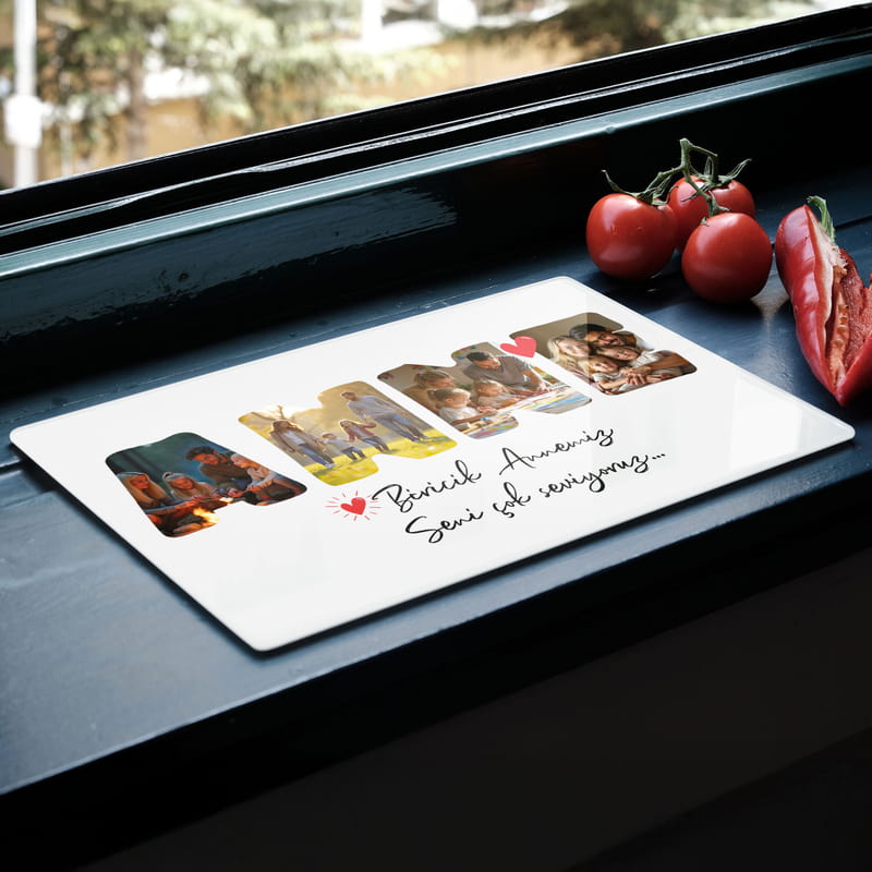 ANNE Fotoğraf ve Mesajlı Cam Kesim Tablası