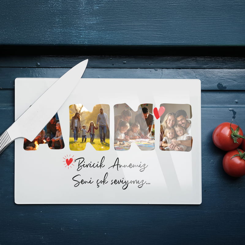 ANNE Fotoğraf ve Mesajlı Cam Kesim Tablası