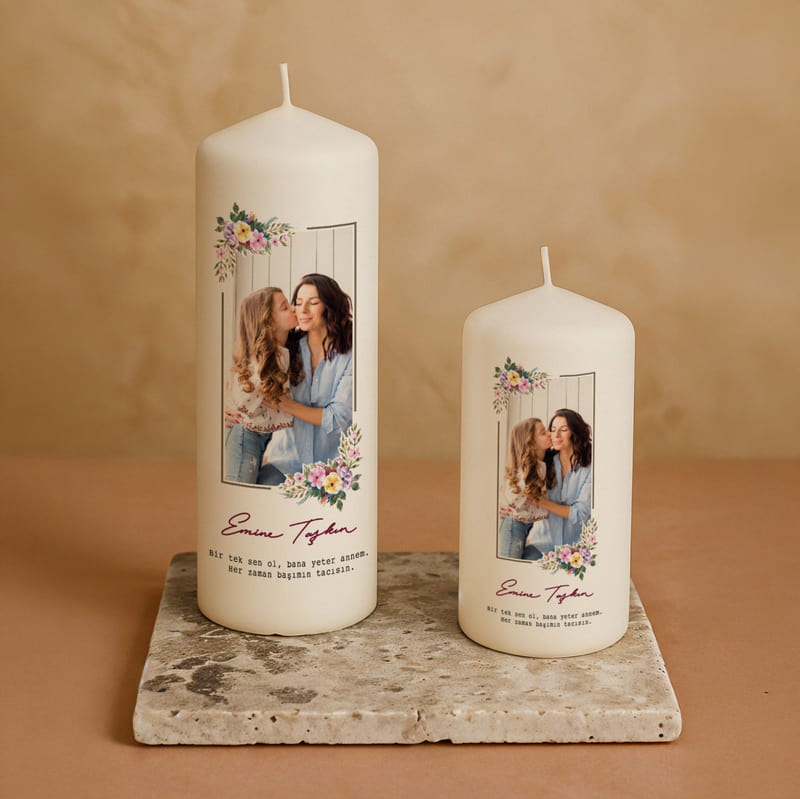 Anneler Günü Hediyesi Fotoğraf Baskılı Doğal Taş Altlıklı 2li Mum Seti