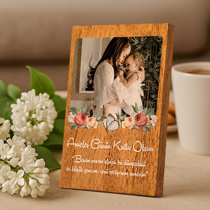 Anneye Çiçek Tasarımlı Mesaj ve Fotoğraflı Baskılı Masif Çerçeve