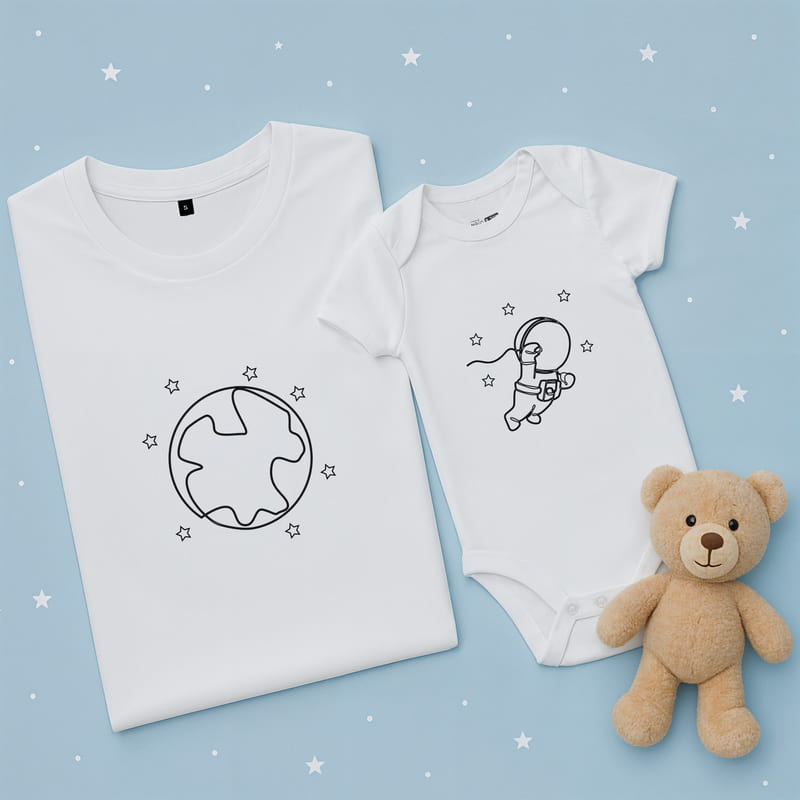 Astronot ve Ay Tasarımlı Baba Bebek Kombini