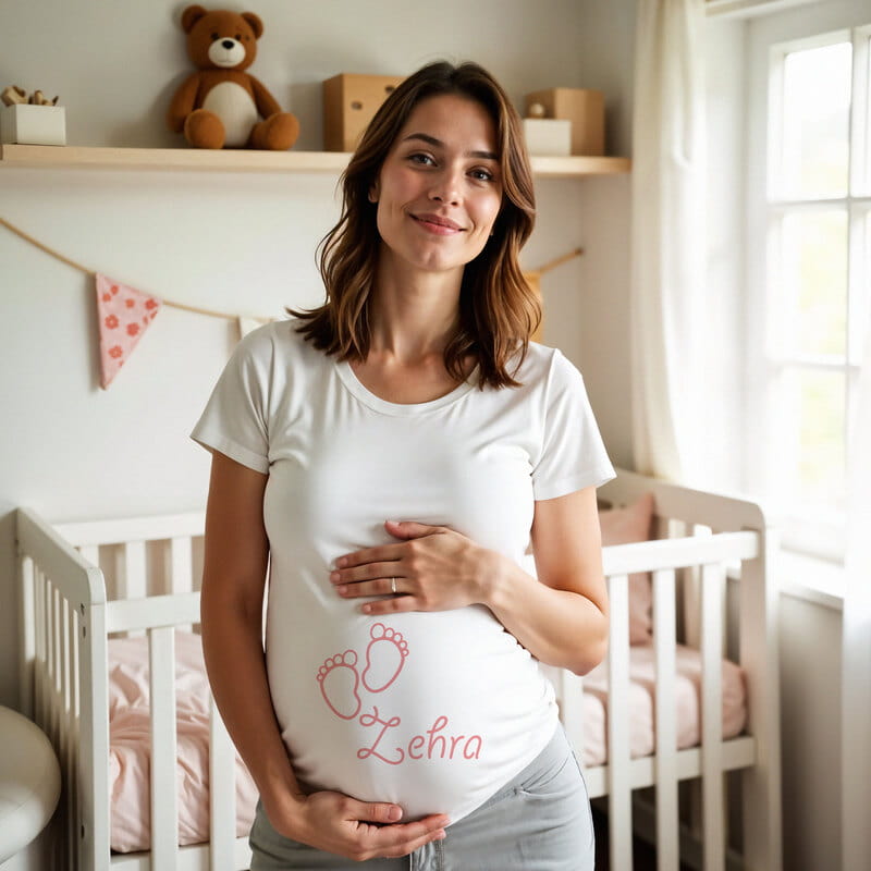 Ayak İzi Tasarımlı Kişiye Özel Hediye Hamile Tişörtü - %100 Pamuklu Kumaş