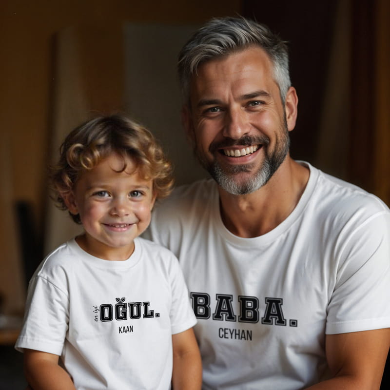 Baba Oğul İsim Yazılı İkili Tişört Kombini