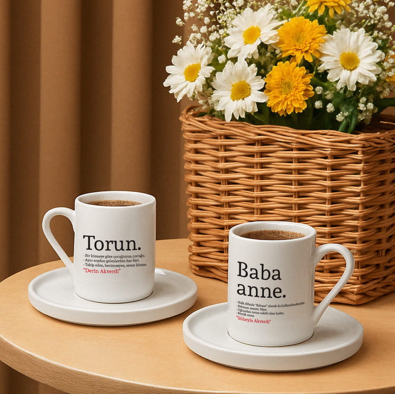Babaanne Torun Anlamı Tasarımlı İsme Özel Türk Kahve Fincanı Seti