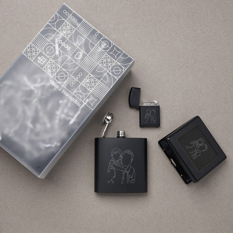 Babaya Hediye Line Art Çakmak Tabaka Matara Hediye Kutusu