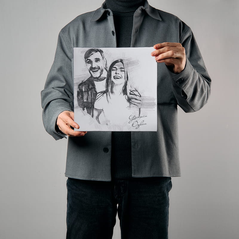 Çiftlere Özel Kurşun Kalem Eskiz Efektli 25x25 Kanvas Tablo