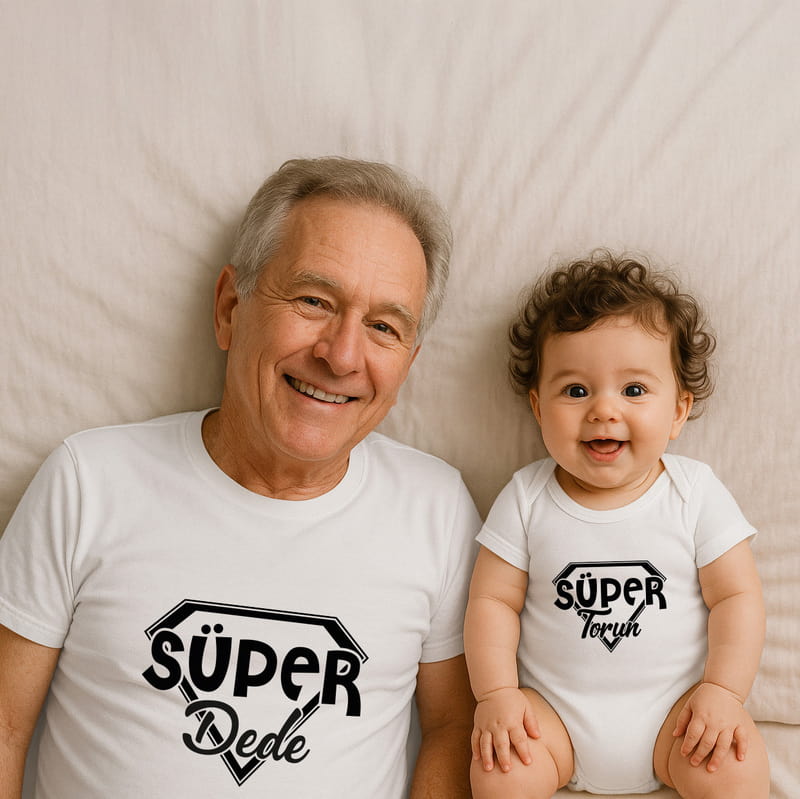 Dedeye Hediye Dede Torun İkili Tişört Body Kombini - %100 Pamuklu Kumaş