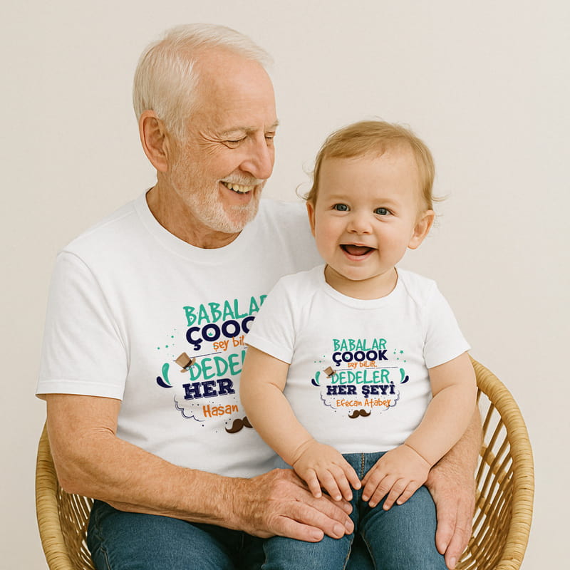 Dedeye Hediye Kişiye Özel Dede Torun İkili Tişört Kombini - %100 Pamuklu Kumaş