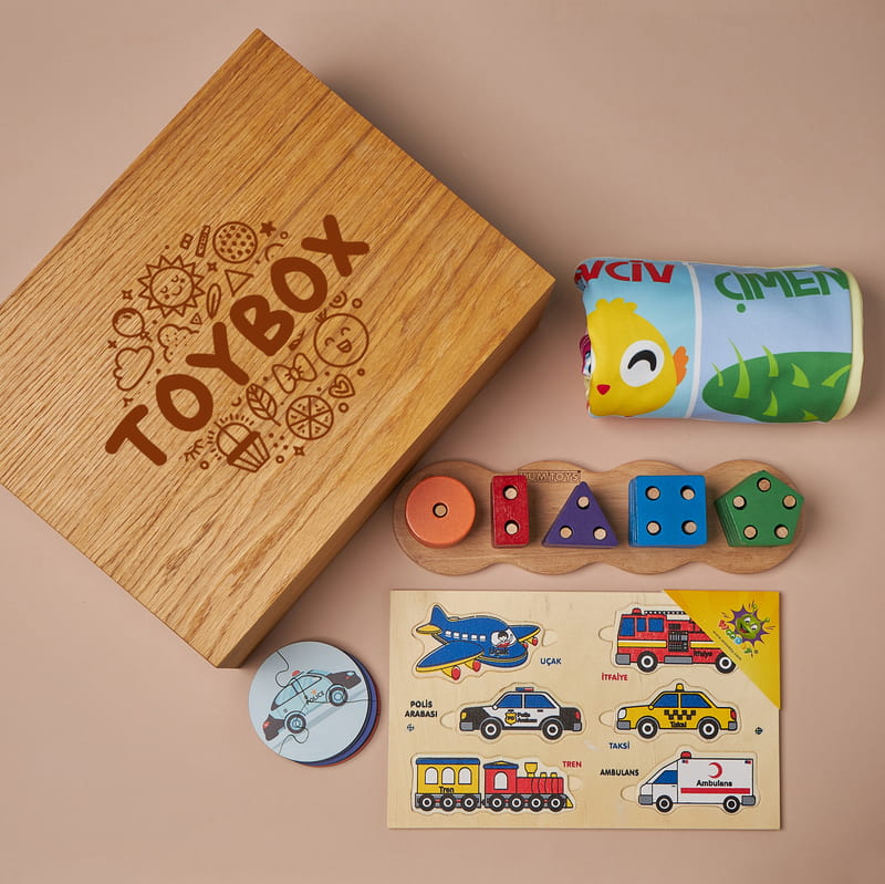 Eğitici Ahşap Puzzle Setli Ahşap Oyuncak Kutusu - Oyun Matı Hediyeli