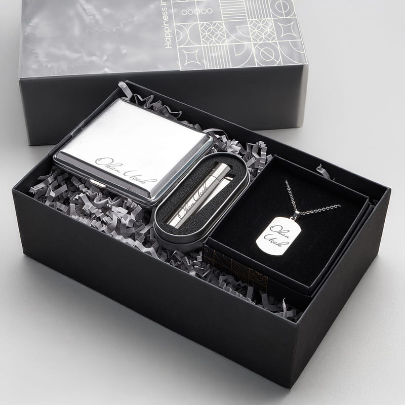Erkek Hediye Seti - İsme Özel Çakmak Tabaka Künye Seti