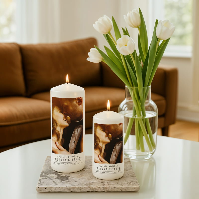 Evli Çiftlere Hediye Taş Altlıklı Dekoratif Mum Seti