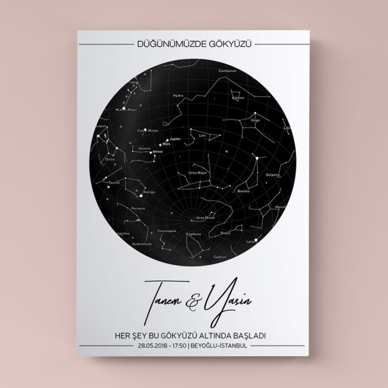 Evlilik Yıldönümüne Yıldız Haritası Tasarımlı Kanvas Tablo 40x60