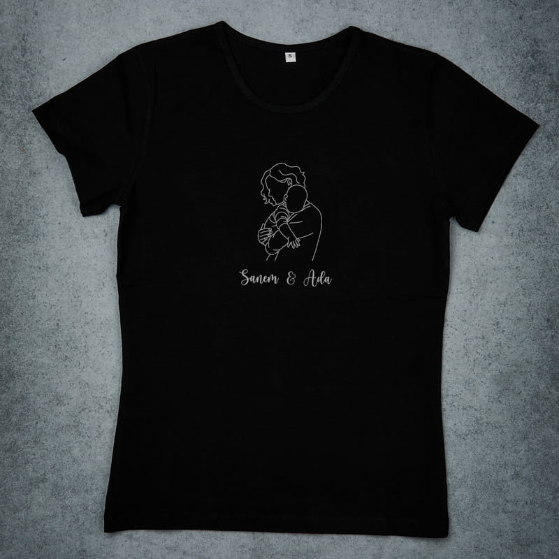 Fotoğrafınıza Özel Line Art Tasarımlı Anne Tişört Bebek Body Kombini