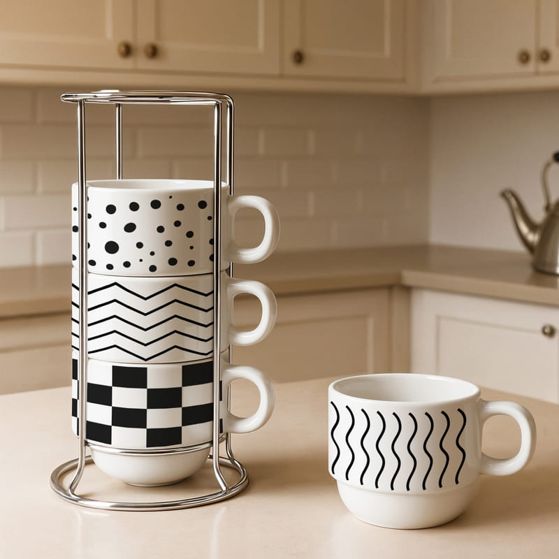 Geometrik Desenli 4'lü Set Standlı Fincan Takımı