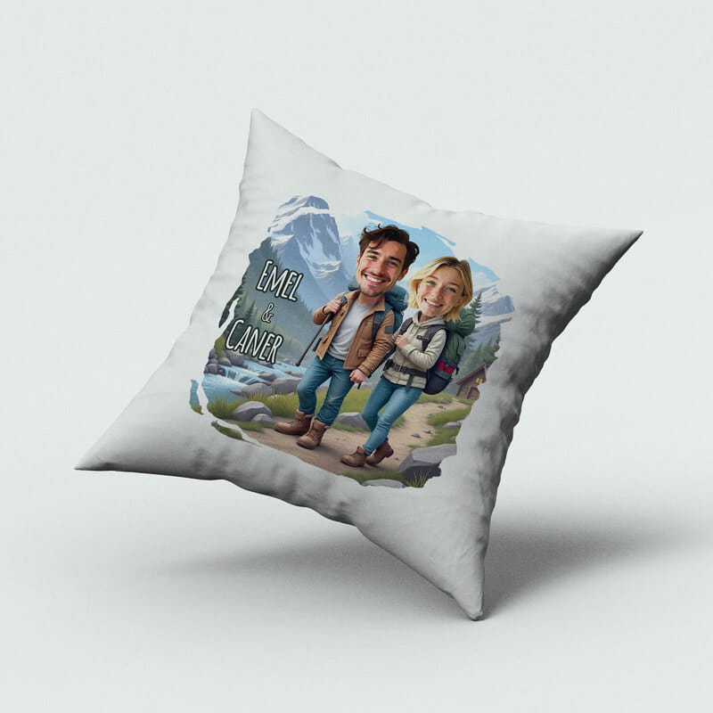 Gezgin Çift Karikatürlü Kişiye Özel Yastık