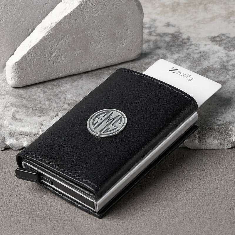 Gümüş Monogram Harfli Otomatik Deri Cüzdan